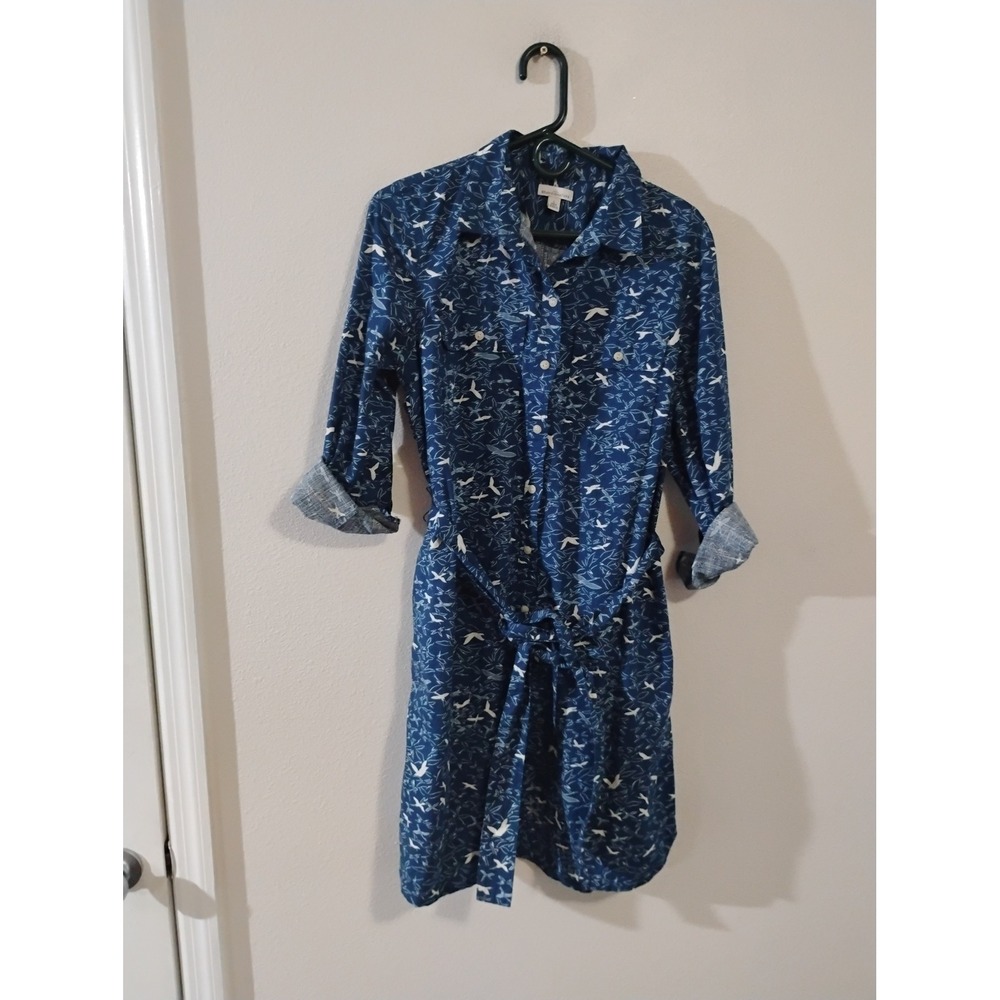 LL Bean Signature Blue Bird Print Button Front Belted Shirt Dress Large Petite